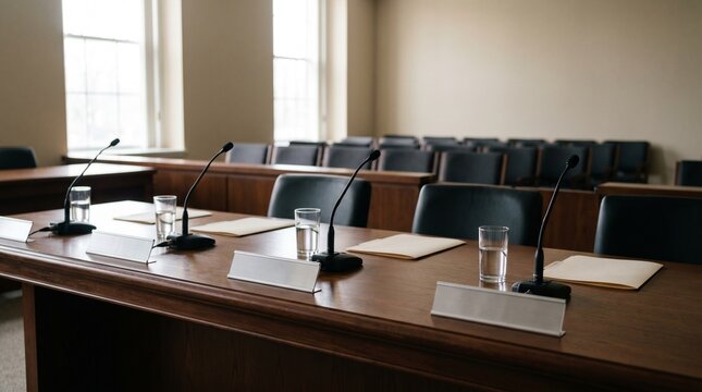 Board Meeting Preparation, Empty Conference Room with Microphones and Nameplates