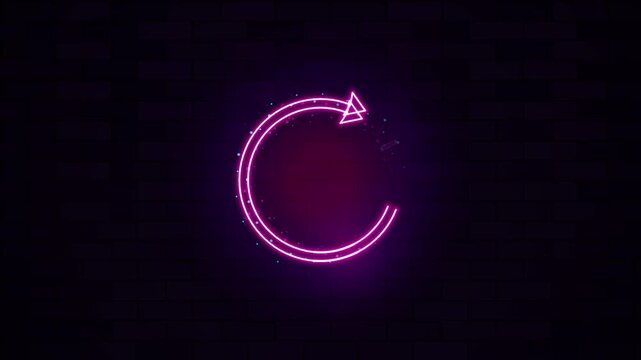 Neon circle refresh symbol rotating on dark brick wall background animated graphic.