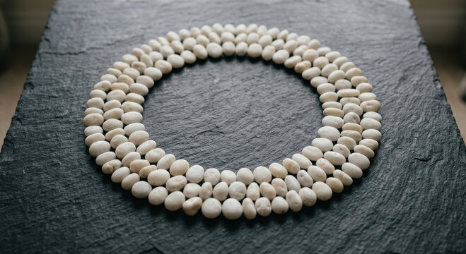 Circular arrangement of raw white beans on a textured dark slate surface, close-up food photography