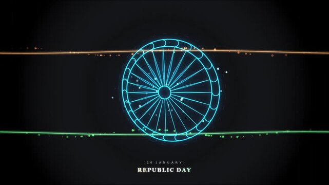Indian republic day neon logo animation over black background with national colors.