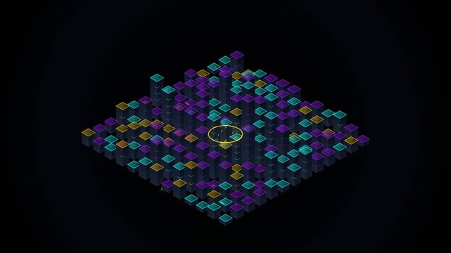 Abstract isometric 3d cubes pulse and ripple in neon colors against dark background.