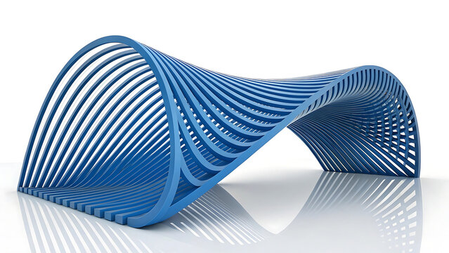 Abstract architectural structure made of repetitive blue curved ribs