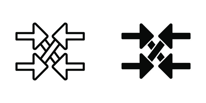 Four arrows converging inward in a compressed symbol with clean lines against a white background representing teamwork and consolidation