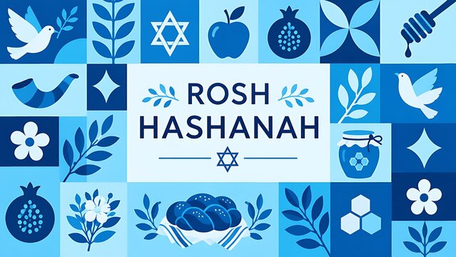 Rosh Hashanah Mosaic Pattern Banner with Blue Geometric Jewish Holiday Elements