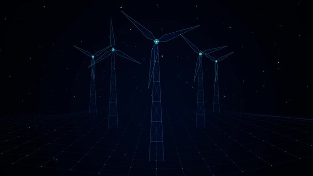 Holographic wind turbines spinning on digital landscape representing renewable energy.