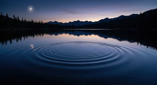 Concentric water ripples spreading outwards on a calm lake surface at dusk with mountain reflections