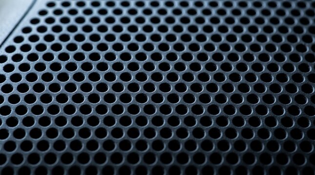 Abstract dark perforated metal mesh texture background with repeating circular hole pattern