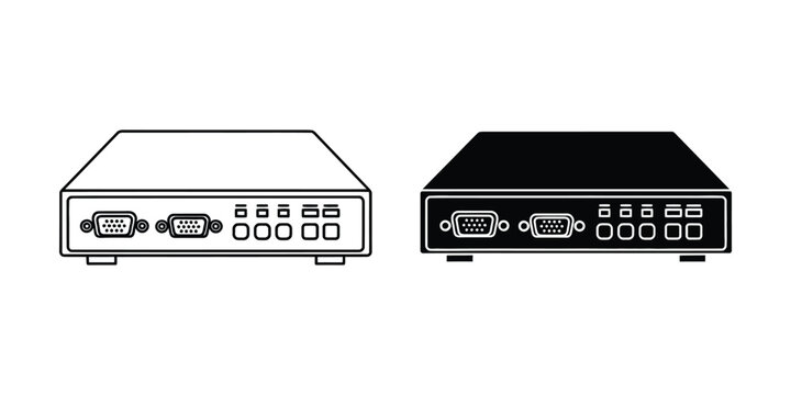 Two network switches in white and black with VGA and audio ports against a clean backdrop
