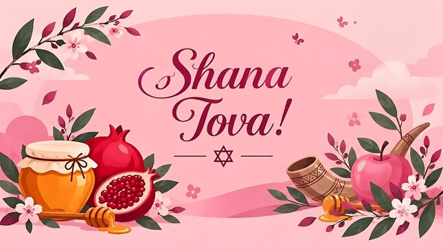 Elegant Shana Tova Pink poster with Honey Jar Apple and Pomegranate