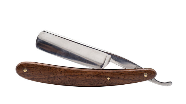 Vintage straight razor with wooden handle, professional barber grooming tool, classic steel folding blade for traditional shaving