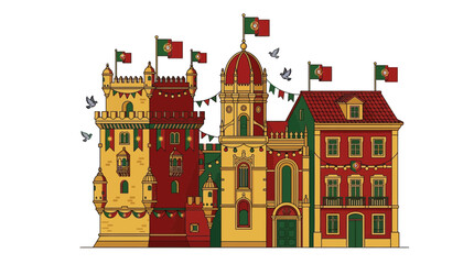 Naklejka premium European style historical buildings and towers with red green decorative flags