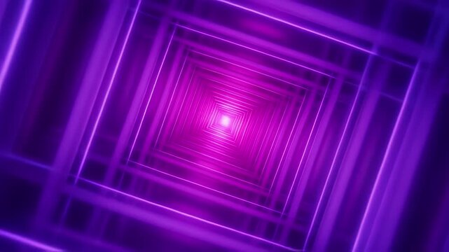 Neon Music Loop Purple Tunnel With Glowing Geometric Frames, Abstract Light, Hypnotic Depth, Futuristic Digital Energy, Motion Graphics Background Design and Visual Projects