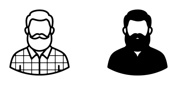 Bearded Man Icons: Outline Lumberjack Style and Solid Silhouette, Vector Graphics for Men's Grooming and Lifestyle