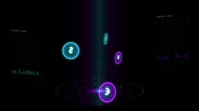 Glow global currency coins rotating on digital platform with tech charts loop animation.