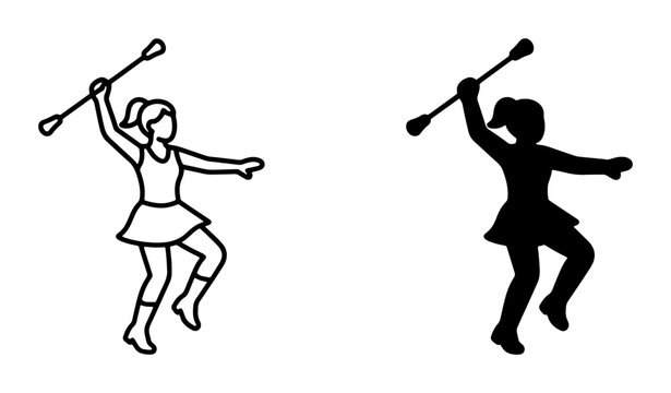 Majorette Baton Twirling Silhouette, Outline Icon Set: Dynamic Dance Performance, Athletic Sport, Cheerleading Action, Rhythmic Movement, Performance Art, Youth Activity