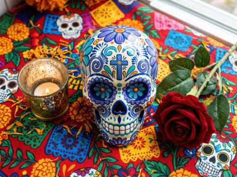 Day of the dead sugar skull with a red rose and candle on festive mexican fabric background