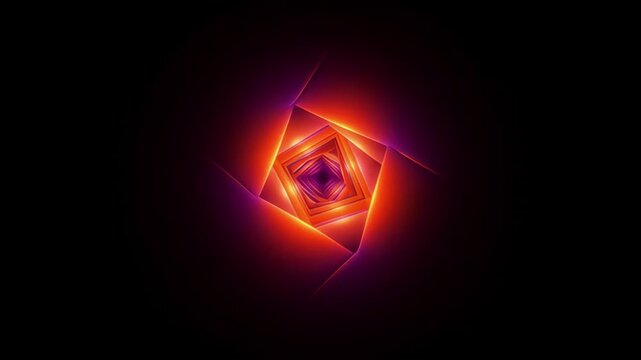Neon Music Loop with Glowing Geometric Square Tunnel, Layered Diamond Shapes, Vivid Red Orange and Purple Light, Hypnotic Abstract Digital Design for Futuristic Background Animation