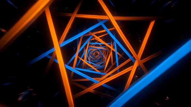 Neon Music Loop, Geometric Tunnel With Orange Blue Light Trails Forming Mesmerizing Abstract Spiral, Hypnotic Depth, Vivid Energy, Dynamic Digital Background for Modern Visual Design