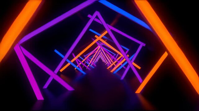 Neon Music Loop with Vibrant Geometric Tunnel, Colorful Glowing Light Bars, Abstract Futuristic Motion, Immersive Nightlife Energy, Dramatic Visual Depth for Modern Design Backgrounds