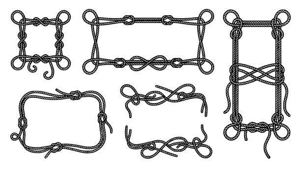 Vintage oval rope wreath frame collection with twisted cord knots and elegant black outline ornaments for wedding labels and logos