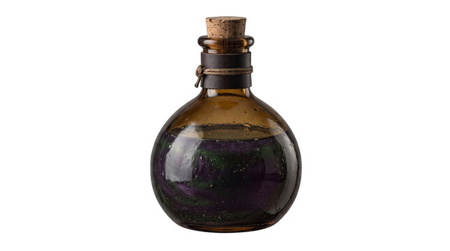 Vintage glass potion bottle with cork stopper and swirling liquid isolated on transparent background