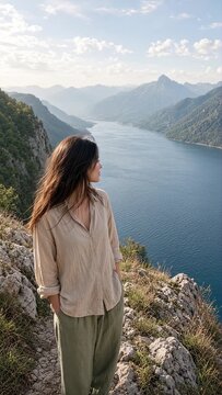 Young Woman Standing by a Scenic Mountain Lake and Enjoying the Beautiful Summer Landscape During a Hiking Adventure