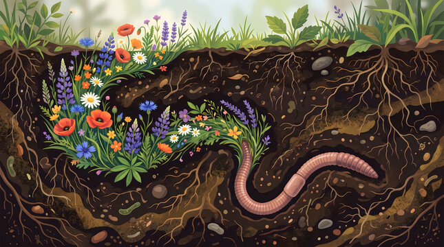 Earthworm tunneling flowers soil health renewal concept award winning illustration