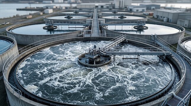 Close up aerial view of circular aeration tank in wastewater treatment plant showing swirling water and mechanical agitators for biological water purification processes