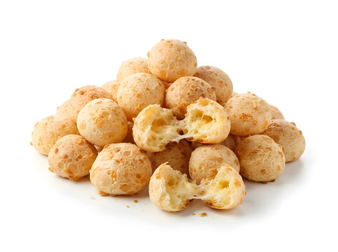 Pile of fresh Brazilian cheese bread p&atilde;o de queijo isolated on white background