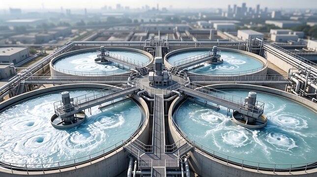 Aerial view of large scale industrial water treatment plant with circular sedimentation tanks utilizing advanced filtration and chemical processes to purify urban wastewater for safe reuse