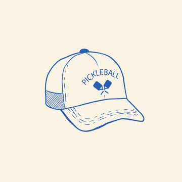 Hand drawn blue illustration of a pickleball baseball cap with paddle logo and mesh side panel, ideal for sporty casual apparel designs