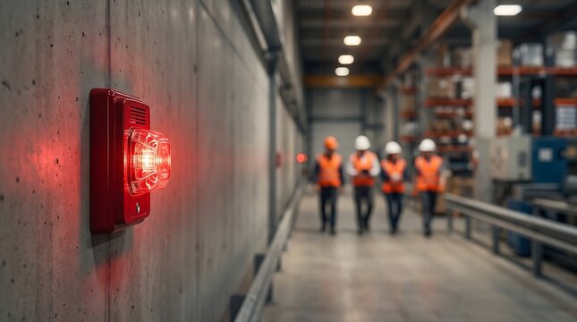 Industrial fire alarm strobe light mounted on concrete wall in active warehouse facility with blurred workers wearing reflective safety vests walking in background during daily operations