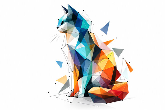 AI generated sitting cat formed from colorful geometric polygons blue teal orange red angular facets network lines modern abstract styling clean white background