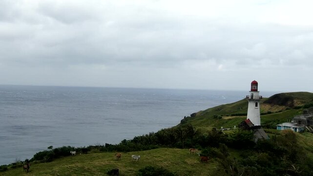Archival aerial pullback revealing Basco Lighthouse and Naidi Hills landscape, Batanes 2023