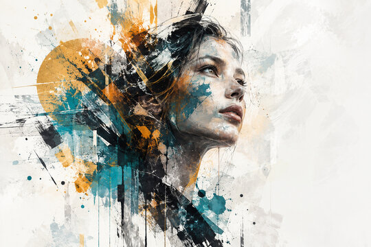 AI generated abstract woman portrait blending realistic facial detail teal gold black paint splashes expressive textures modern creative energy