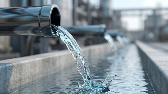 Clean water flowing from a metal pipe into a concrete trough creating a beautiful splash in a modern industrial water treatment or public distribution system setting professional