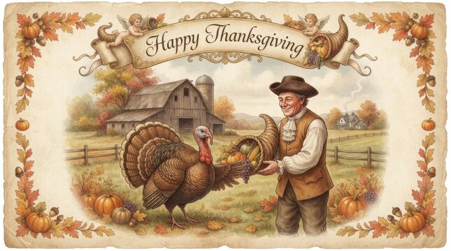 A vintage thanksgiving scene a pilgrim welcoming the harvest and autumn's bounty