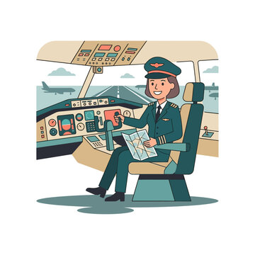 Female Pilot in Airplane Cockpit Vector Illustration