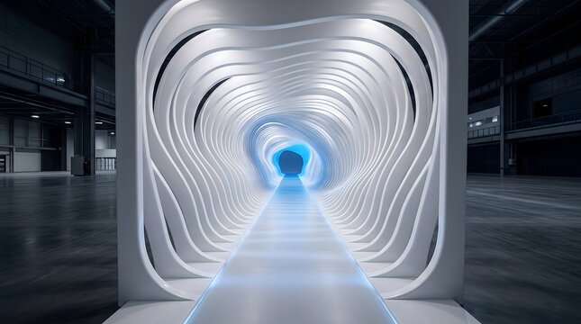Futuristic white curved tunnel corridor with glowing blue light pathway