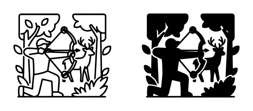 Archery Hunting Scene, Hunter with Bow and Arrow Targeting Deer in Forest, Outdoor Sport Icon Set