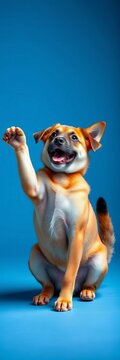 "Playful sitting pose with paws held high and tail wagging, breed, sitting