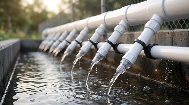 Water flowing vigorously from industrial white pipes into concrete treatment facility basin representing modern water management and purification infrastructure technology in outdoor setting