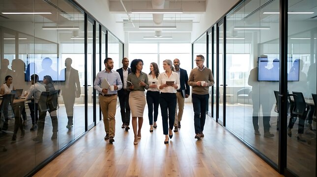 Diverse group of business professionals walking down a modern office hallway talking and collaborating on projects