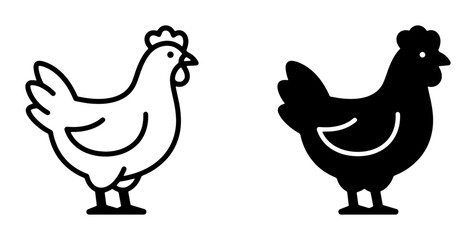 Fototapeta premium Chicken Icons: Simple Line Art and Solid Silhouette Vector Graphics, Farm Animal Symbols for Organic Food and Agriculture Concepts