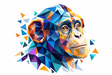 AI generated colorful geometric chimpanzee portrait angular polygon shapes vivid blue orange tones clean white background creating modern abstract animal art