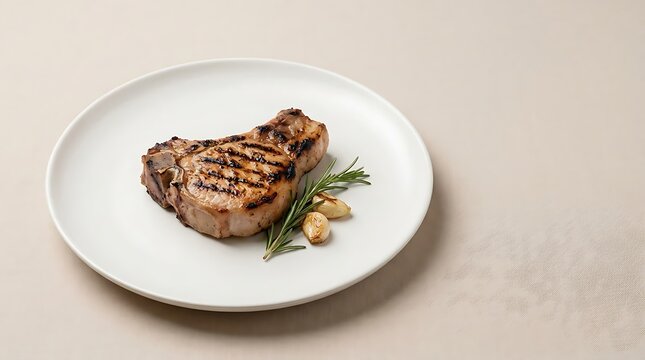 Grilled pork chop with fresh rosemary and garlic served on a simple white plate on a beige table. chuleta de cerdo