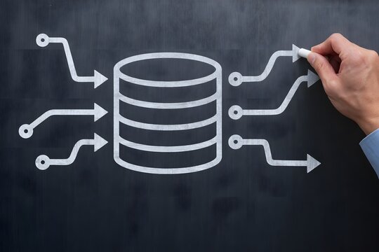 Designing data flow to databases and servers. System engineer drawing database icon and arrows on blackboard.