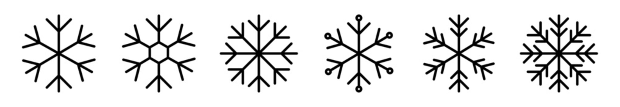 Collection of different black snowflake icons isolated on a white background. Minimal winter and cold weather symbol set.