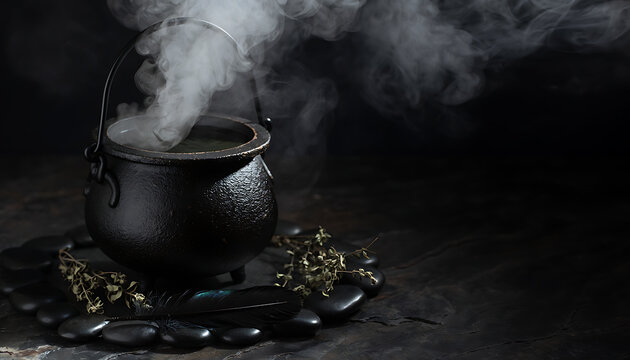 Close Up of Smoking Black Cauldron with Herb and Feather on Dark Stone Surface