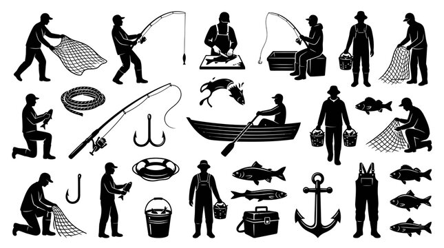 Fishermen and Fishing Equipment Black Silhouette Vector Icons Set